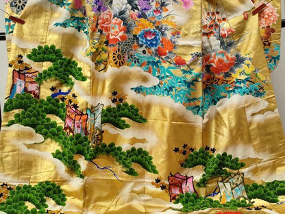 Japanese ceremonial silk Uchikake with hand-painted pine on gold lacquer — Renaras atelier