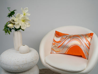 Japanese ceremonial silk lumbar pillow with ryūsui flowing water in persimmon and silver — Renaras atelier