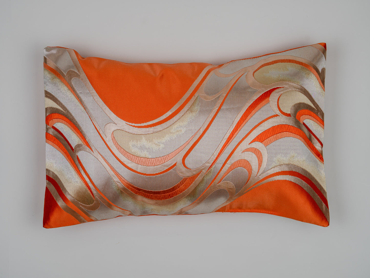 Renaras The Ryusui Silver Wave — Japanese Silk Lumbar Pillow, Persimmon & Silver Nishijin Obi — Japanese silk pillow cover