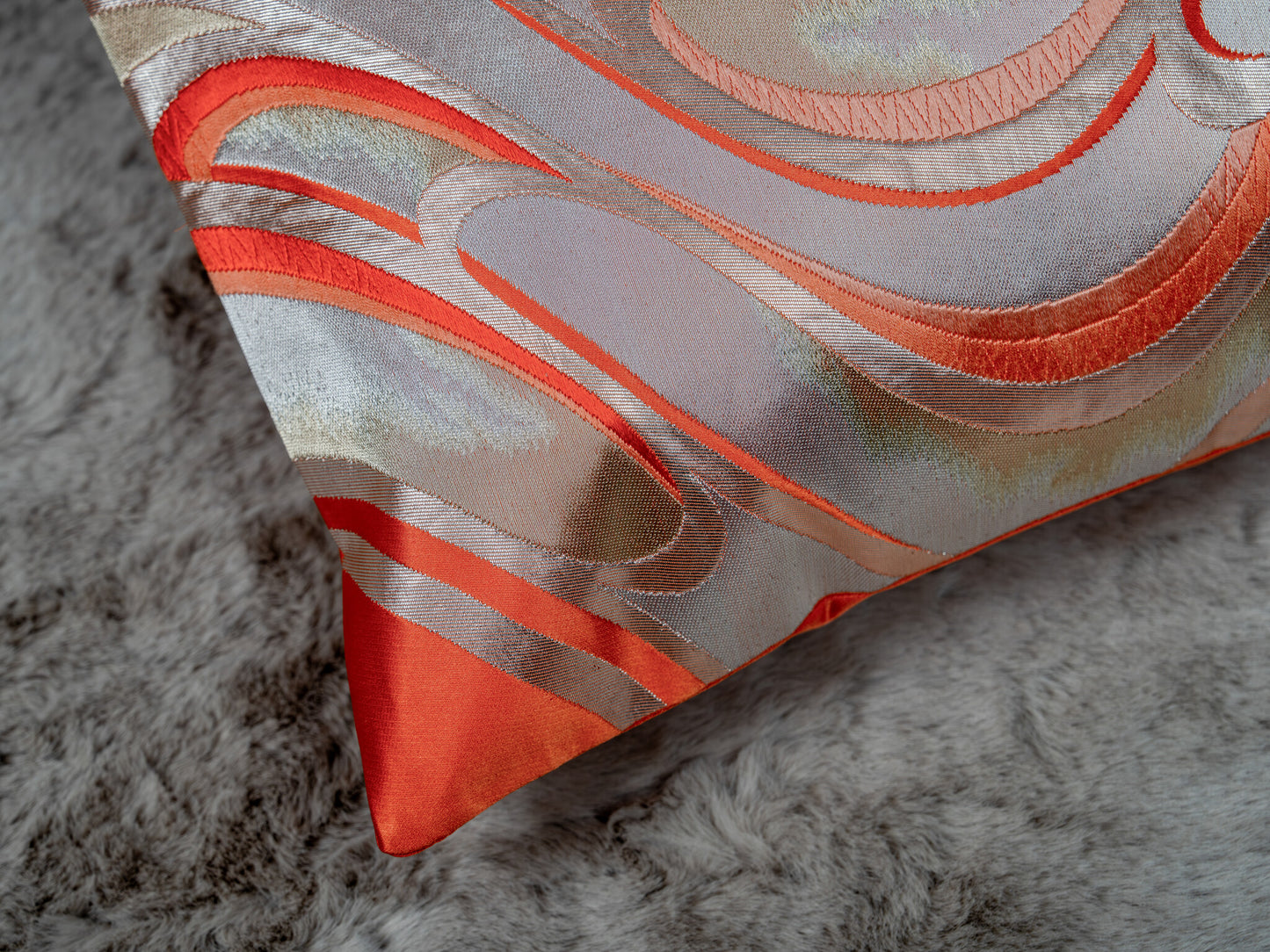 Renaras The Ryusui Silver Wave — Japanese Silk Lumbar Pillow, Persimmon & Silver Nishijin Obi — Japanese silk pillow cover view 4