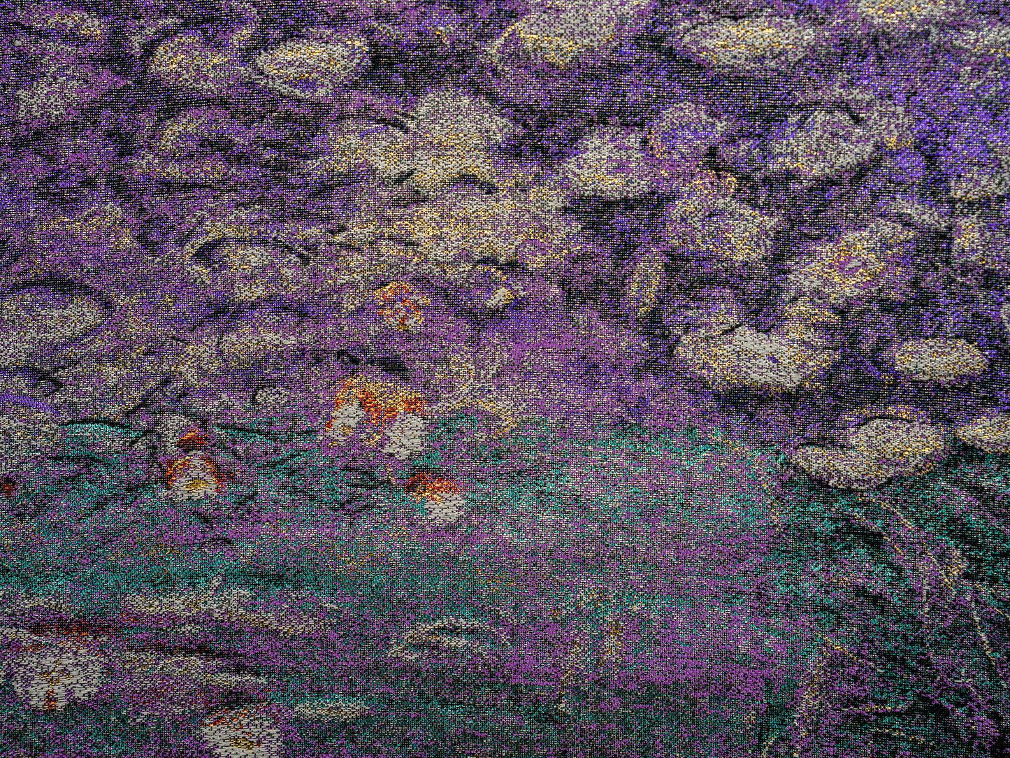 Japanese ceremonial silk wall tapestry with abstract water lily in violet and silver — Renaras atelier