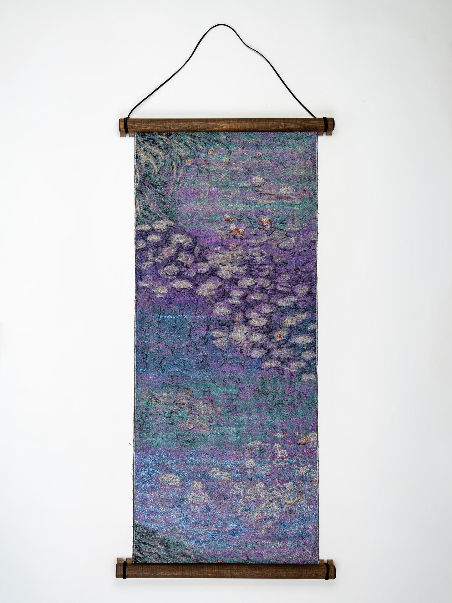 Japanese ceremonial silk wall tapestry with abstract water lily in violet and silver — Renaras atelier