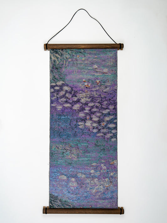 Japanese ceremonial silk wall tapestry with abstract water lily in violet and silver — Renaras atelier