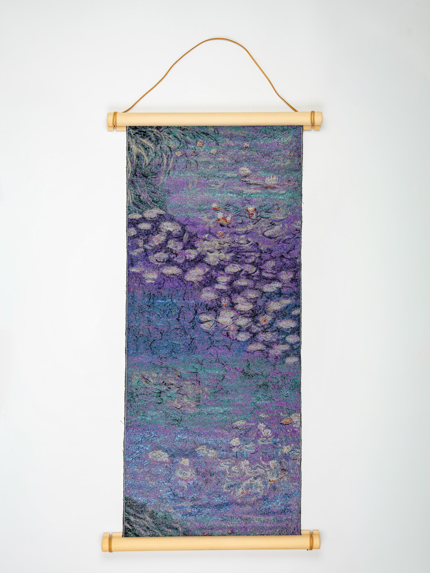 Japanese ceremonial silk wall tapestry with abstract water lily in violet and silver — Renaras atelier