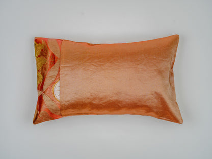Japanese ceremonial silk lumbar pillow with aoi crest in persimmon and gold — Renaras atelier
