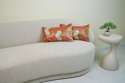 Japanese ceremonial silk lumbar pillow with aoi crest in persimmon and gold — Renaras atelier