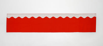 Japanese ceremonial silk table runner with wave architecture in vermilion and silver — Renaras atelier