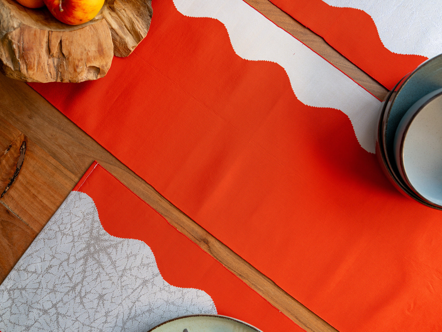 Japanese ceremonial silk table runner with wave architecture in vermilion and silver — Renaras atelier