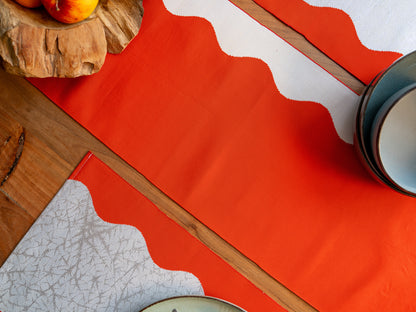 Japanese ceremonial silk table runner with wave architecture in vermilion and silver — Renaras atelier