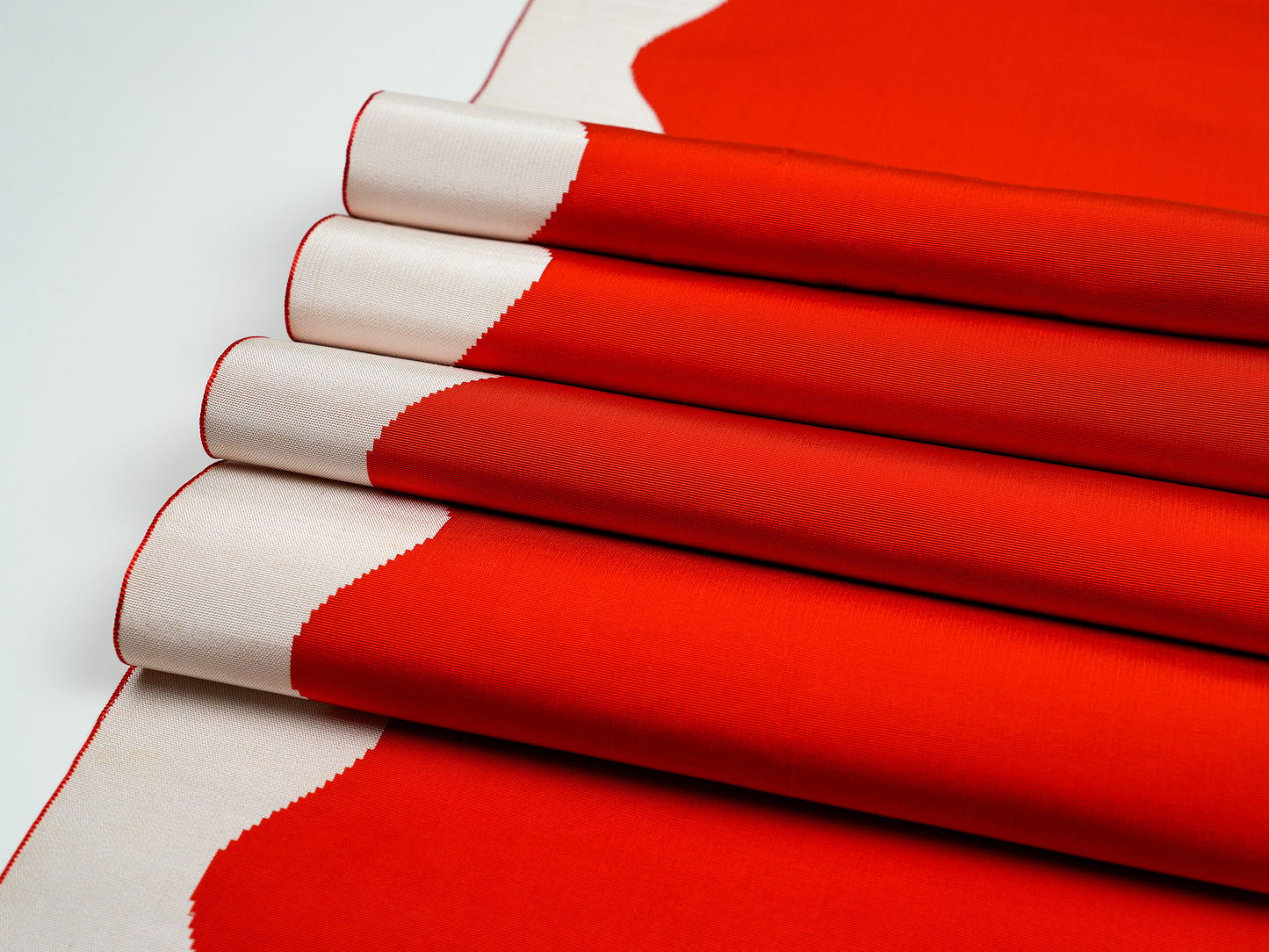 Japanese ceremonial silk table runner with wave architecture in vermilion and silver — Renaras atelier