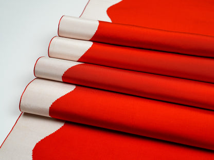 Japanese ceremonial silk table runner with wave architecture in vermilion and silver — Renaras atelier