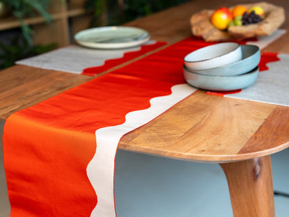 Japanese ceremonial silk table runner with wave architecture in vermilion and silver — Renaras atelier