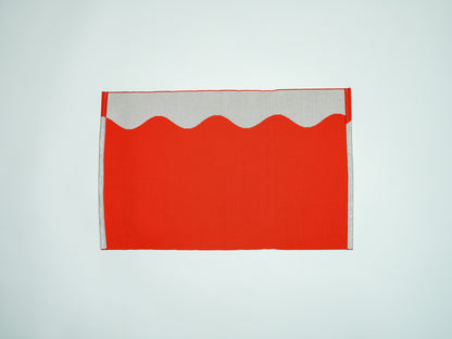 Japanese ceremonial silk placemat with linear horizon in vermilion and gunmetal — Renaras atelier