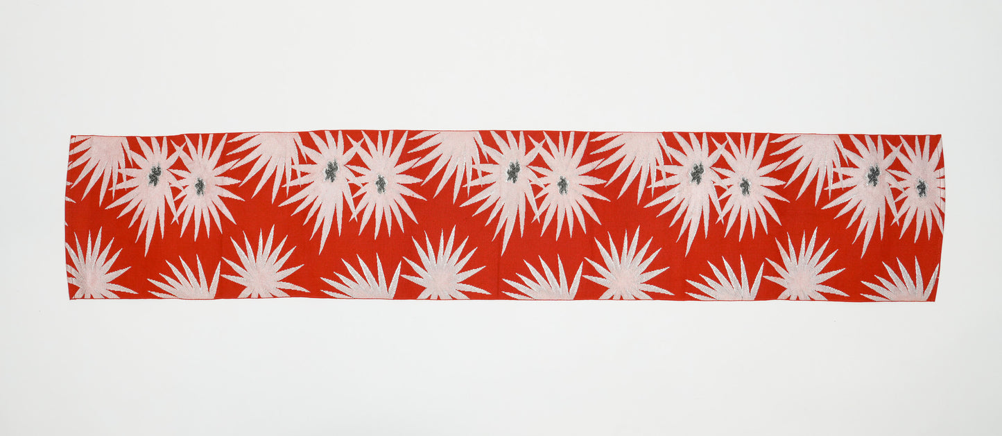 Japanese ceremonial silk table runner with starburst in vermilion and silver — Renaras atelier