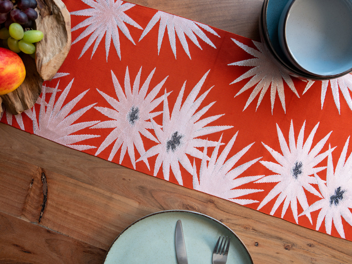Japanese ceremonial silk table runner with starburst in vermilion and silver — Renaras atelier