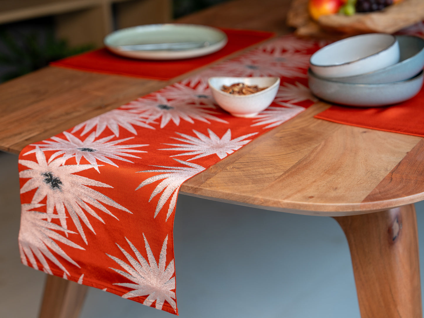 Japanese ceremonial silk table runner with starburst in vermilion and silver — Renaras atelier
