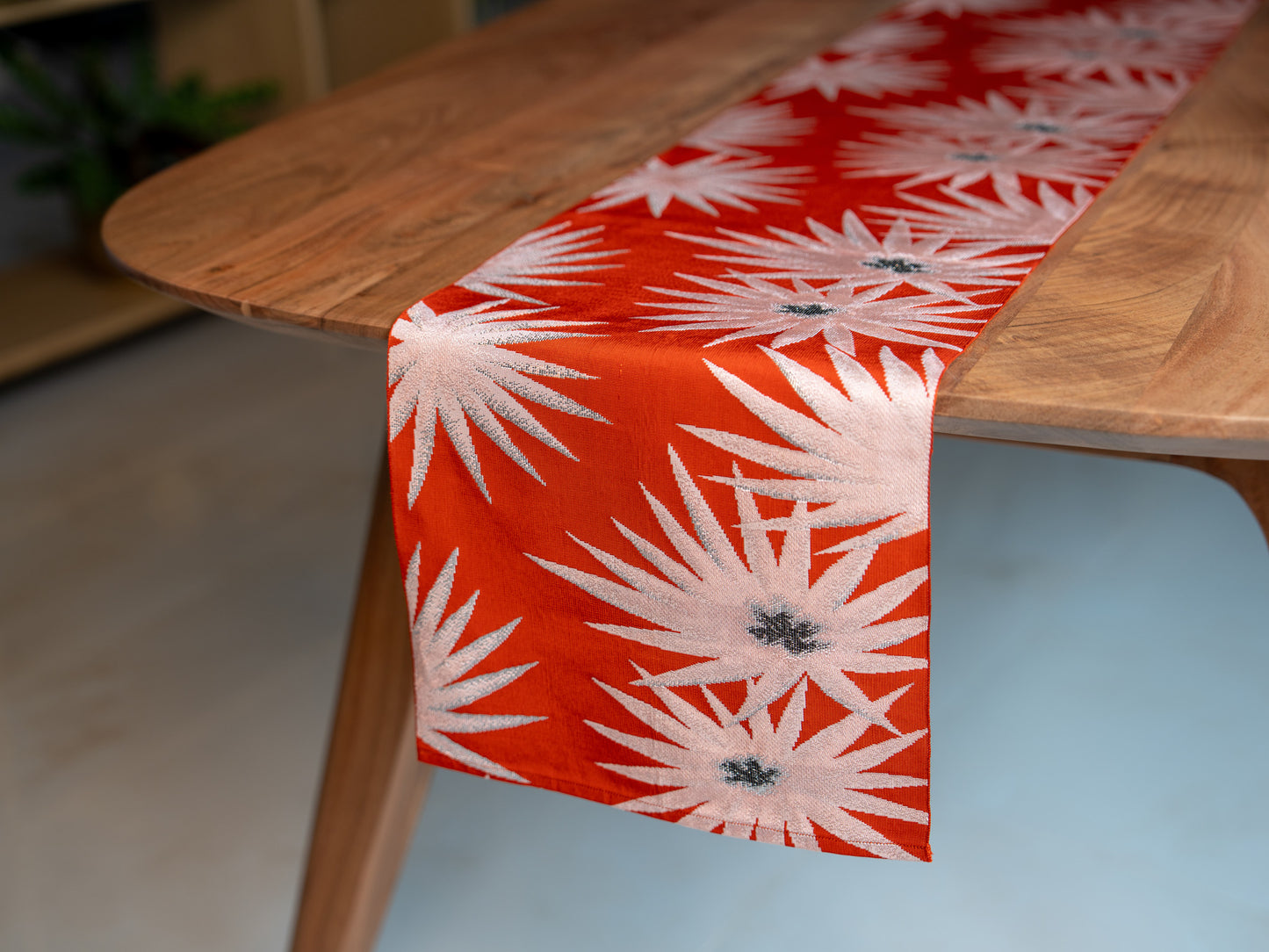 Japanese ceremonial silk table runner with starburst in vermilion and silver — Renaras atelier