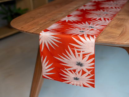 Japanese ceremonial silk table runner with starburst in vermilion and silver — Renaras atelier