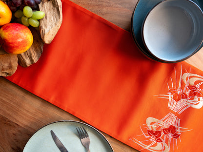 Japanese ceremonial silk table runner with hana floral in vermilion and silver — Renaras atelier
