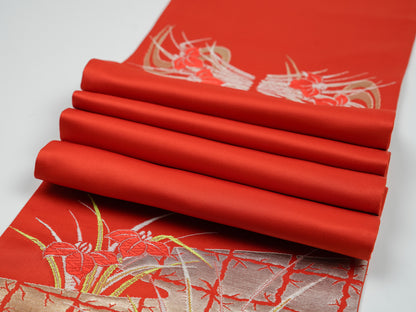Japanese ceremonial silk table runner with hana floral in vermilion and silver — Renaras atelier