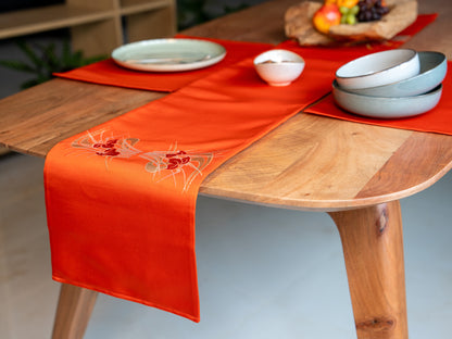 Japanese ceremonial silk table runner with hana floral in vermilion and silver — Renaras atelier