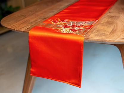 Japanese ceremonial silk table runner with hana floral in vermilion and silver — Renaras atelier