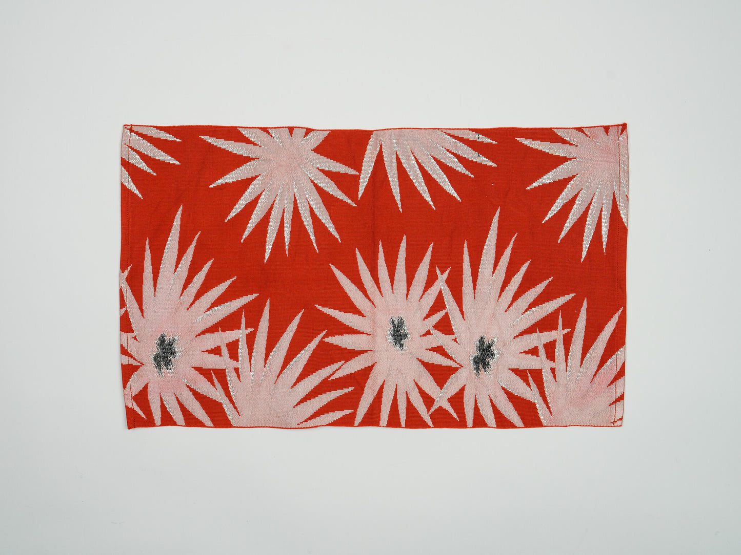 Japanese ceremonial silk placemat with starburst in vermilion and silver — Renaras atelier