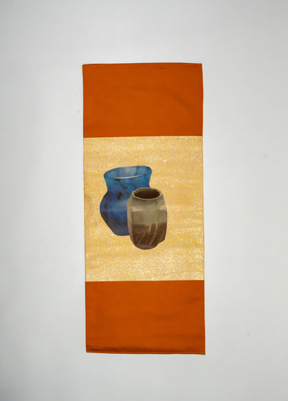 Japanese ceremonial silk wall tapestry with Kabin still life in persimmon and gold — Renaras atelier