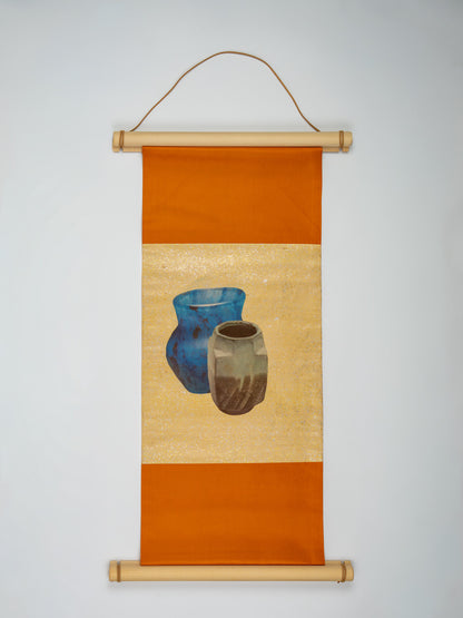 Japanese ceremonial silk wall tapestry with Kabin still life in persimmon and gold — Renaras atelier