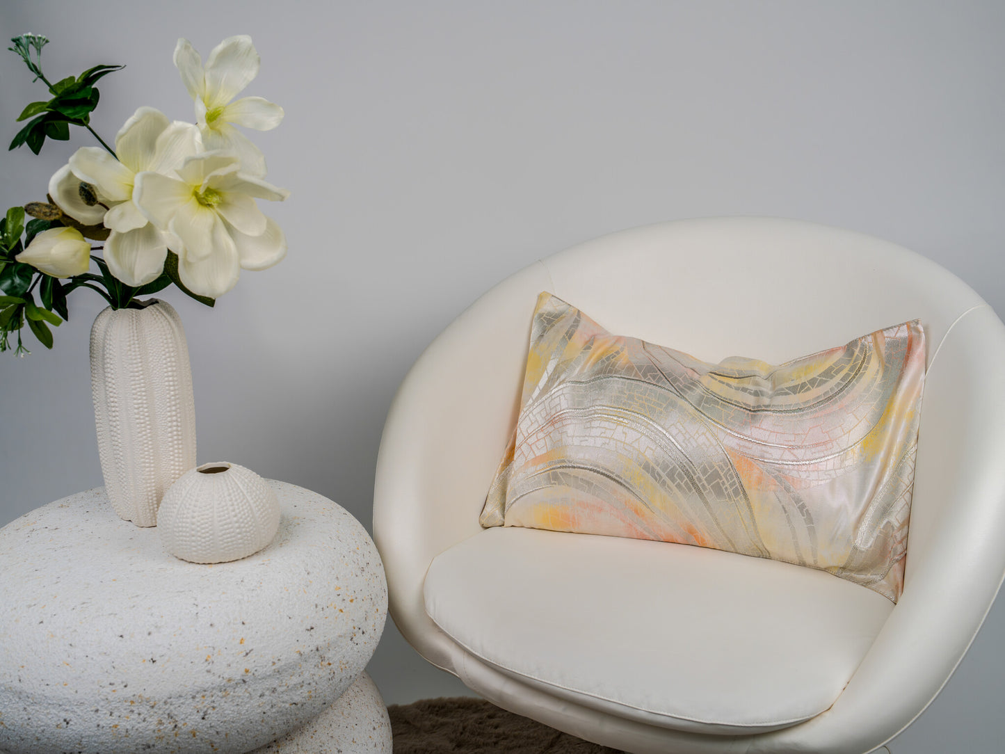 Japanese ceremonial silk lumbar pillow with raden wave motif in champagne and silver — Renaras atelier