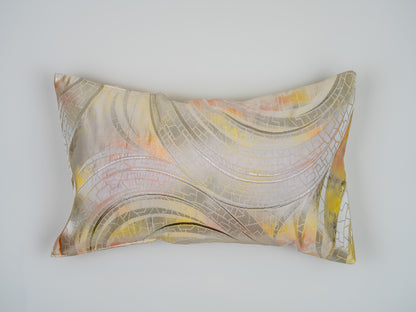 Japanese ceremonial silk lumbar pillow with raden wave motif in champagne and silver — Renaras atelier