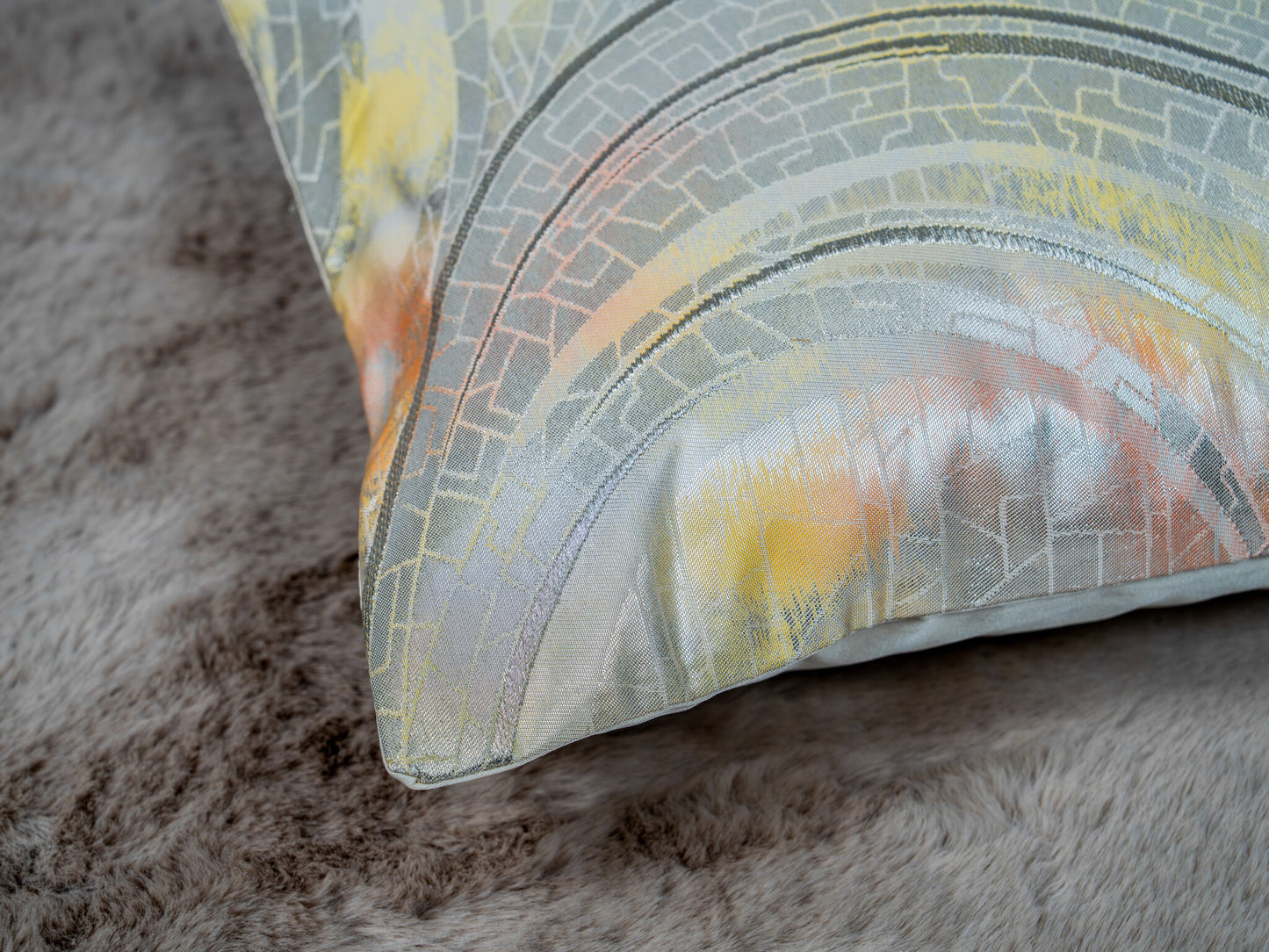 Japanese ceremonial silk lumbar pillow with raden wave motif in champagne and silver — Renaras atelier