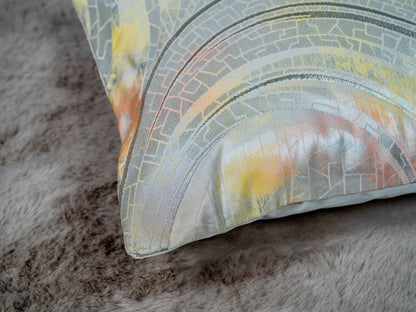 Japanese ceremonial silk lumbar pillow with raden wave motif in champagne and silver — Renaras atelier