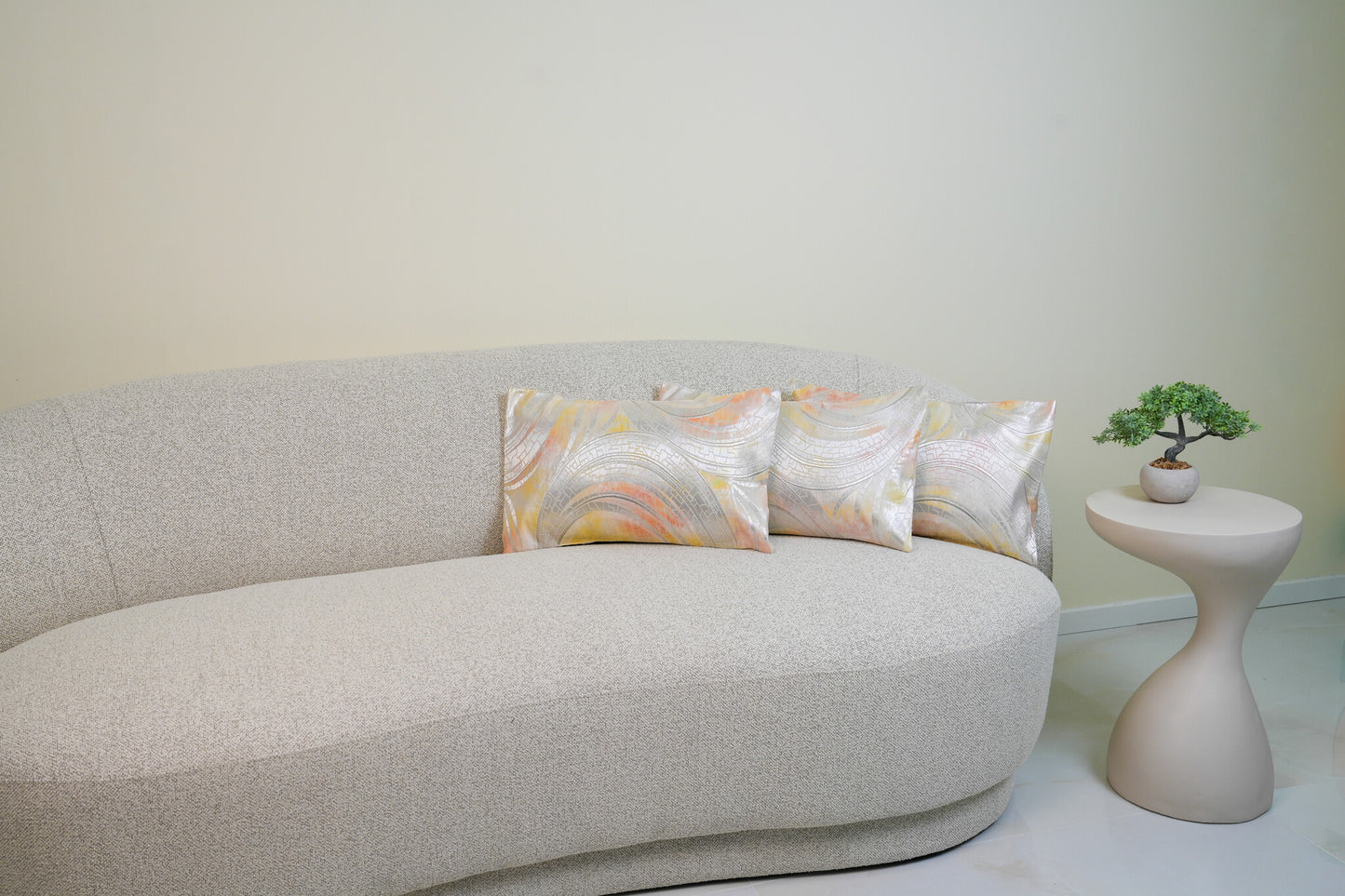 Japanese ceremonial silk lumbar pillow with raden wave motif in champagne and silver — Renaras atelier