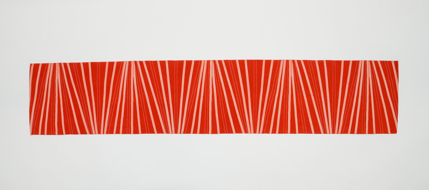 Japanese ceremonial silk table runner with radiating silver geometry on red ground — Renaras atelier
