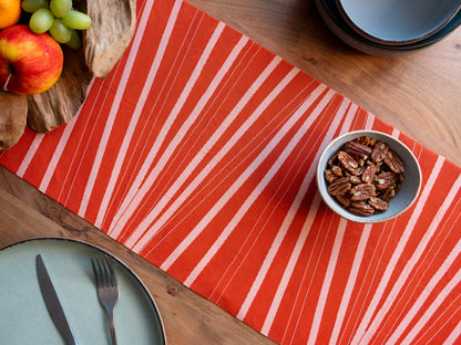 Japanese ceremonial silk table runner with radiating silver geometry on red ground — Renaras atelier