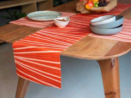 Japanese ceremonial silk table runner with radiating silver geometry on red ground — Renaras atelier