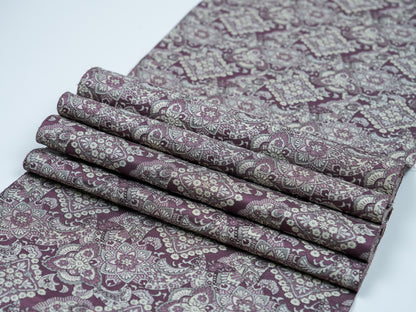 Japanese ceremonial silk table runner with damask medallion in aubergine and gold — Renaras atelier
