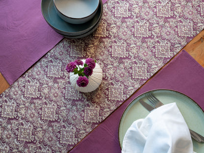 Japanese ceremonial silk table runner with damask medallion in aubergine and gold — Renaras atelier