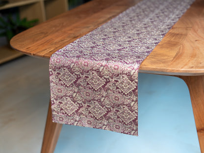 Japanese ceremonial silk table runner with damask medallion in aubergine and gold — Renaras atelier