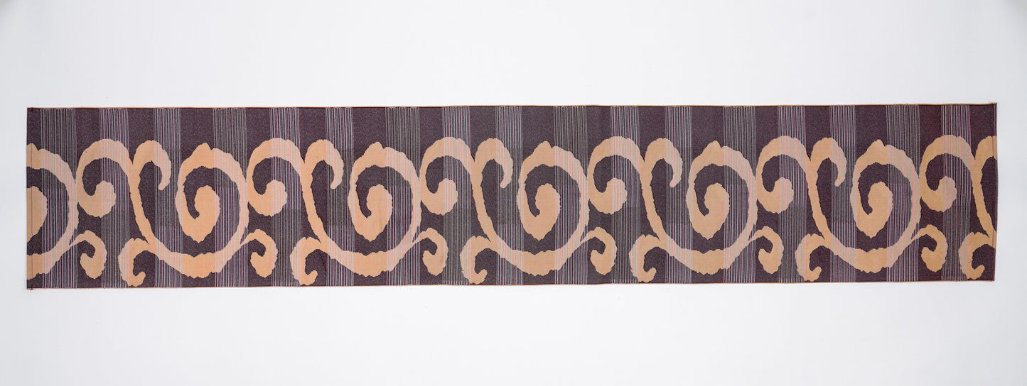 Japanese ceremonial silk table runner with baroque swirl in oxblood and champagne — Renaras atelier