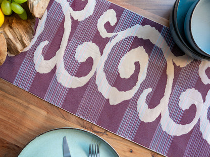 Japanese ceremonial silk table runner with baroque swirl in oxblood and champagne — Renaras atelier