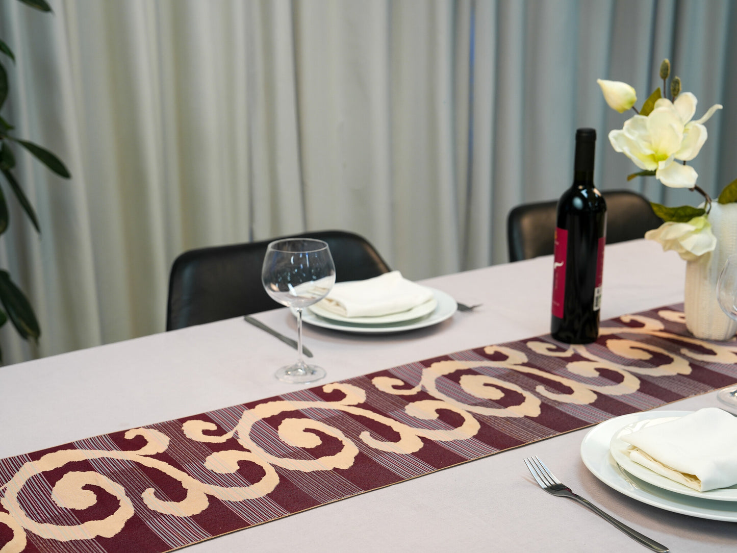 Japanese ceremonial silk table runner with baroque swirl in oxblood and champagne — Renaras atelier