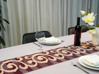 Japanese ceremonial silk table runner with baroque swirl in oxblood and champagne — Renaras atelier