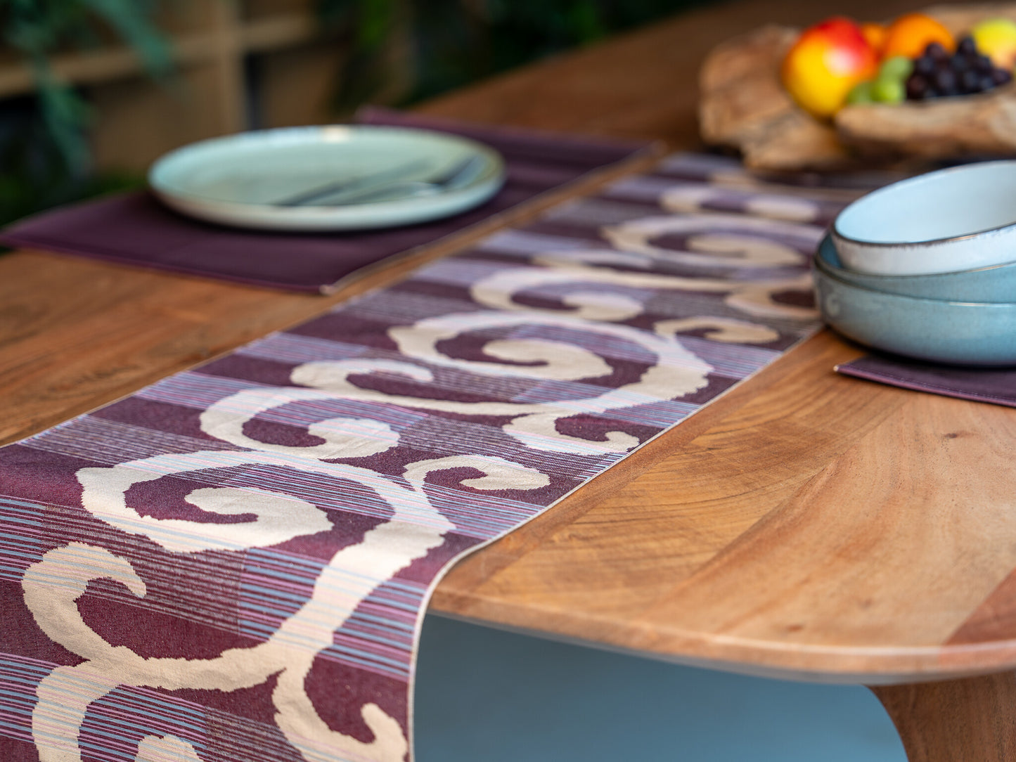Japanese ceremonial silk table runner with baroque swirl in oxblood and champagne — Renaras atelier