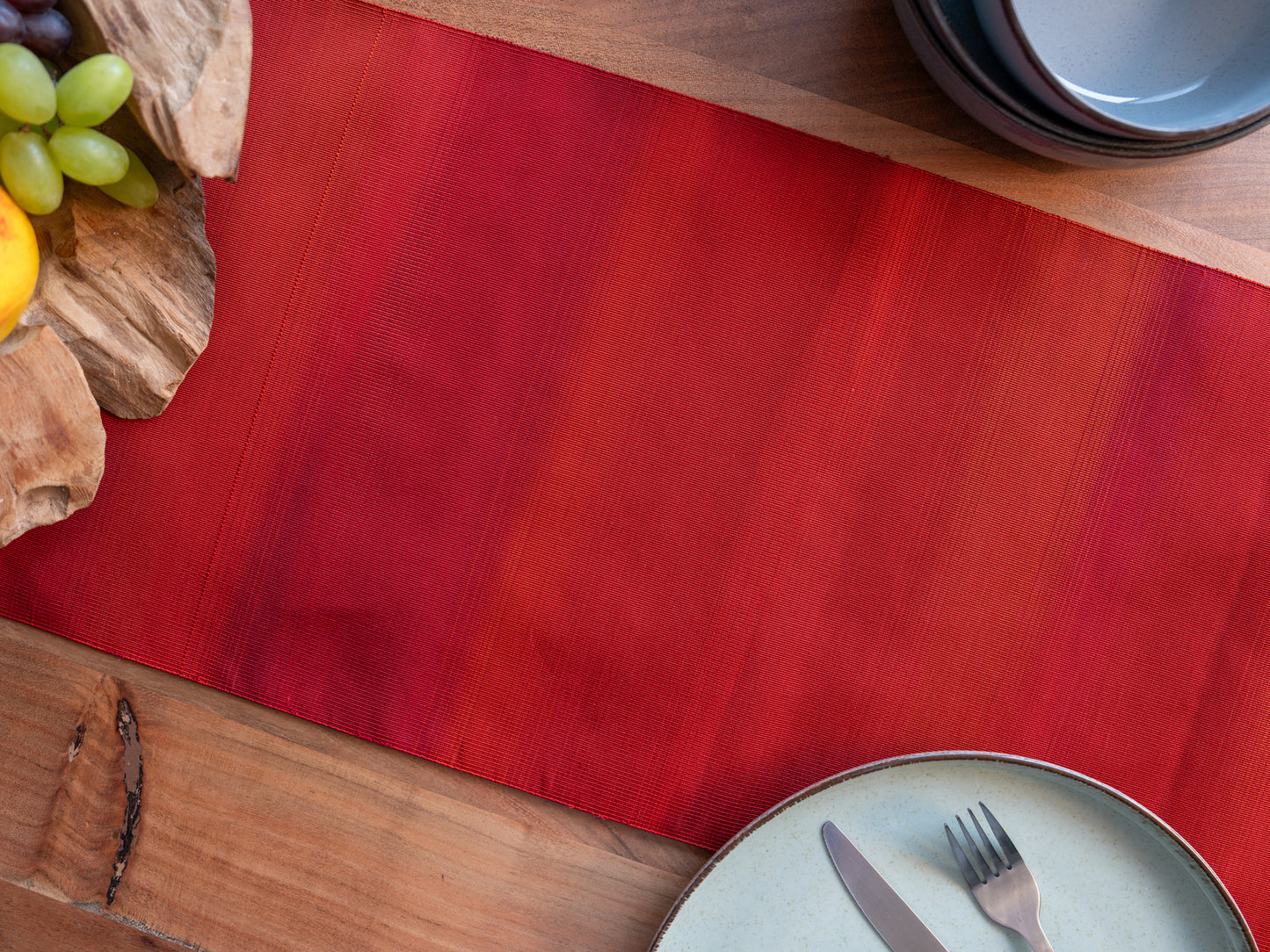 Japanese ceremonial silk table runner in ombré scarlet to bordeaux — Renaras atelier