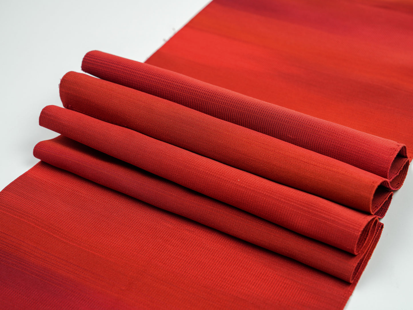 Japanese ceremonial silk table runner in ombré scarlet to bordeaux — Renaras atelier