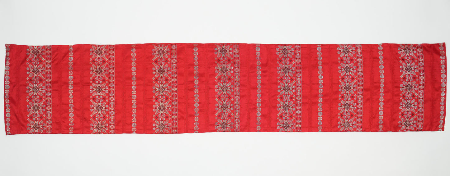 Japanese ceremonial silk table runner with yukiwa snowflake in crimson and gold — Renaras atelier
