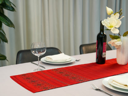 Japanese ceremonial silk table runner with yukiwa snowflake in crimson and gold — Renaras atelier