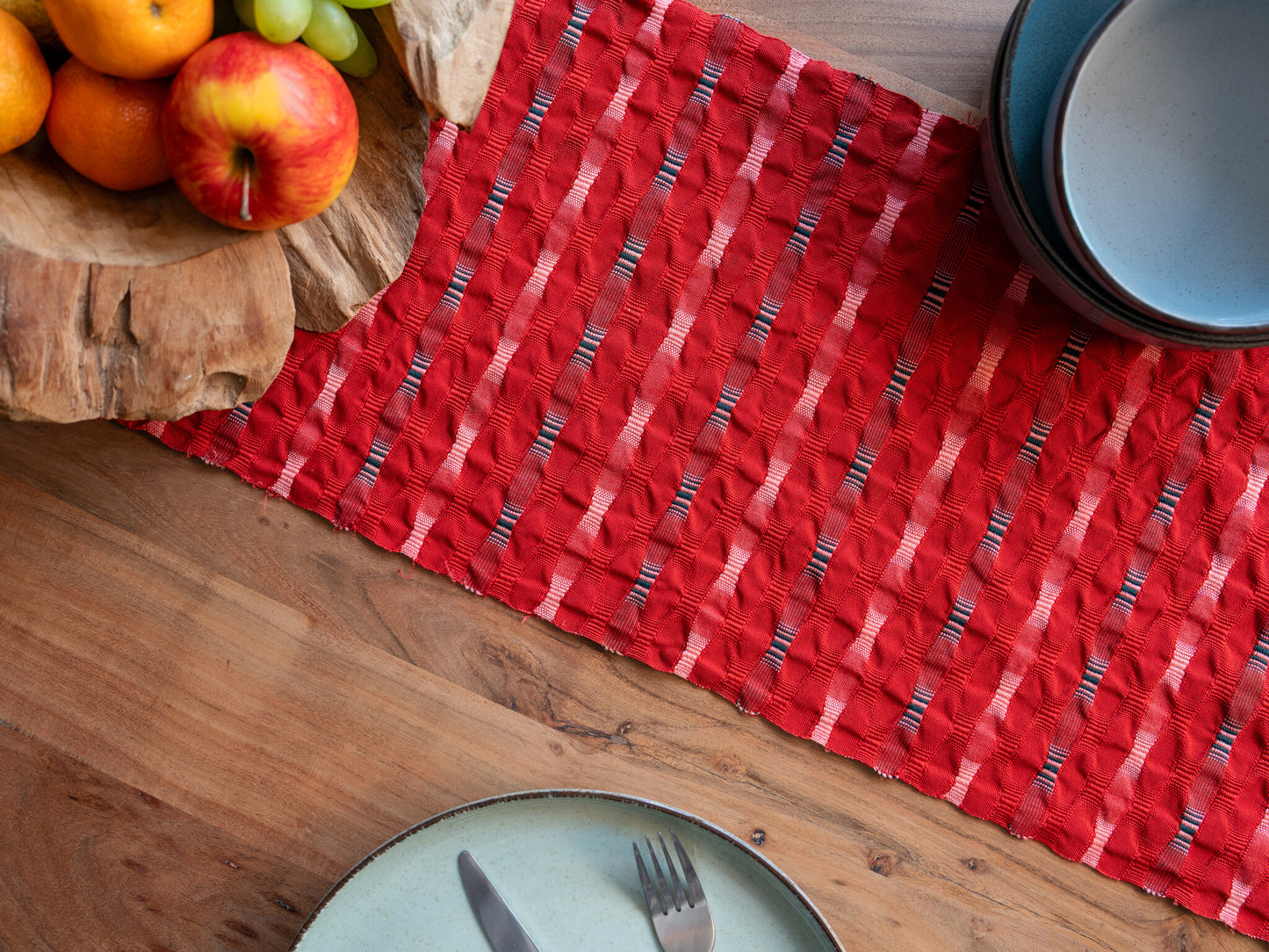 The Kurenai-Shijira | Vintage Japanese 3D Silk Table Runner in Crimson, Shijira-Ori Weave